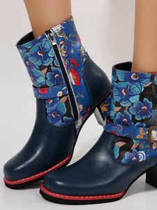 PU Leather Flower Block Heel Boots