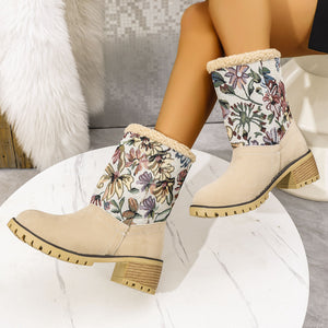 Embroidered Faux Fur Block Heel Boots