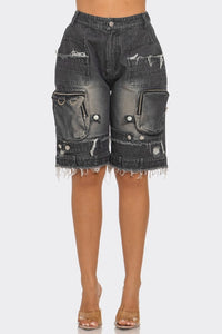 Utility-Chic Frayed Denim Casual Cargo Shorts