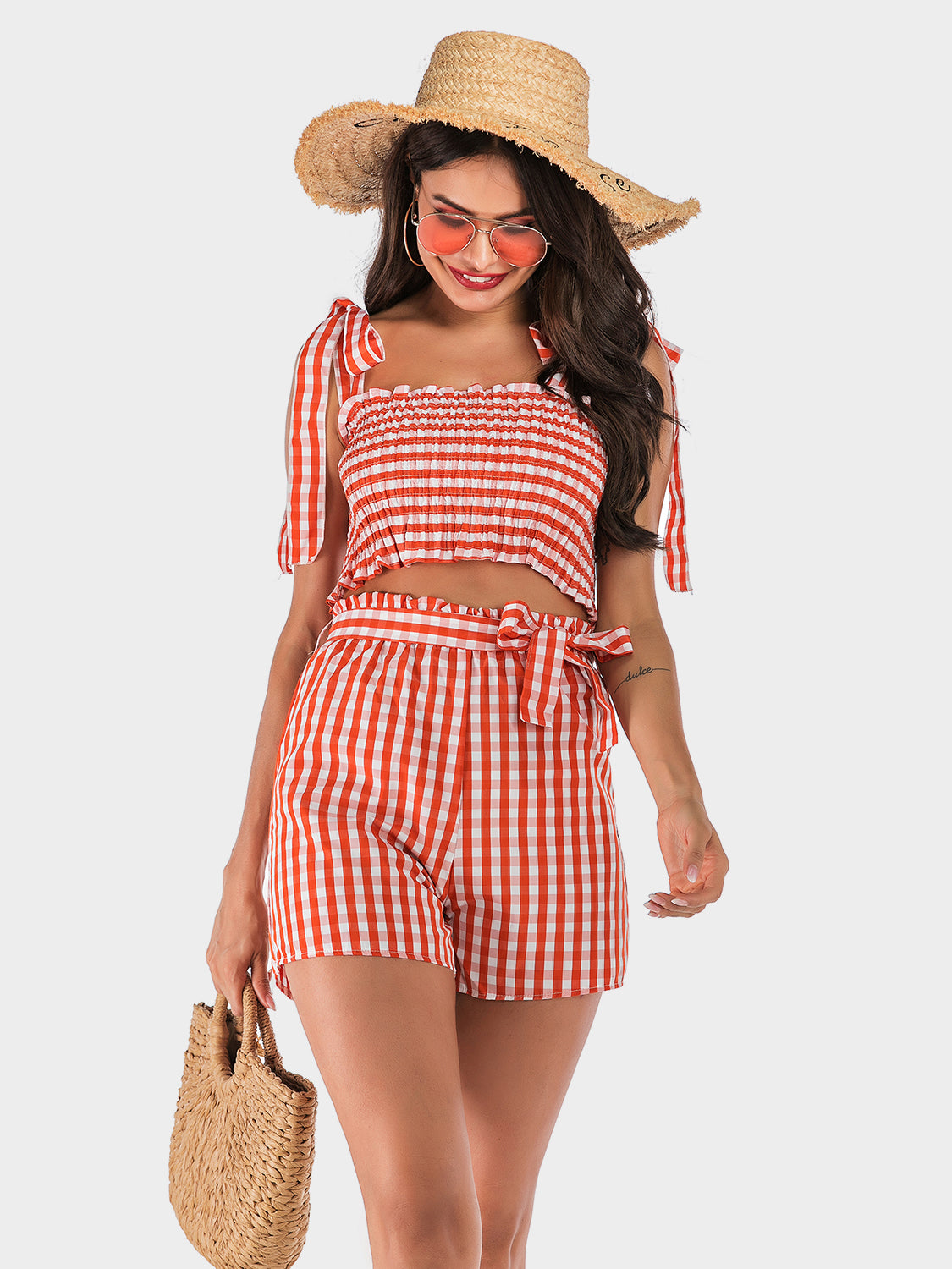 Perfee Tied Smocked Plaid Top and Shorts Set