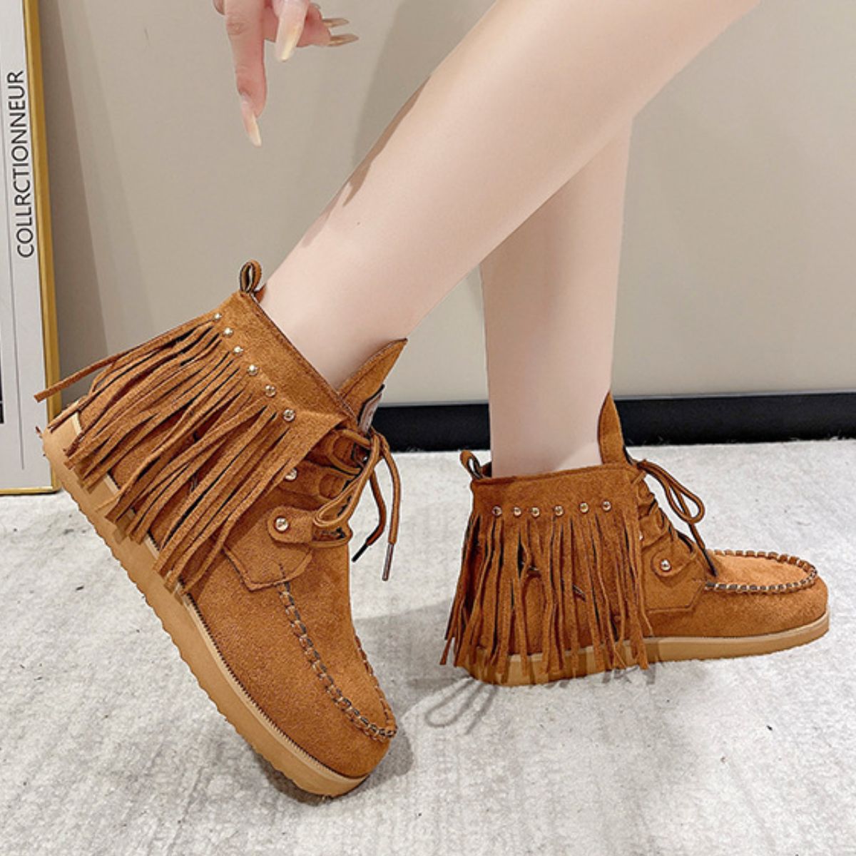 Fringe Studded Round Toe Canvas Boots