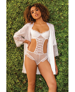 Stretch Mesh Ruffled Crotchless Teddy White