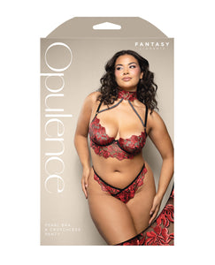 Opulence Embroidered Underwire Bralette & Crotchless Panty w/Pearl Details 2 pc Set - Red QN