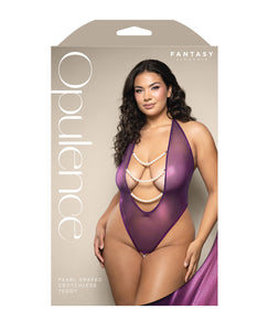 Opulence Shimmer Mesh Halter Teddy w/Pearl Details - Purple QN