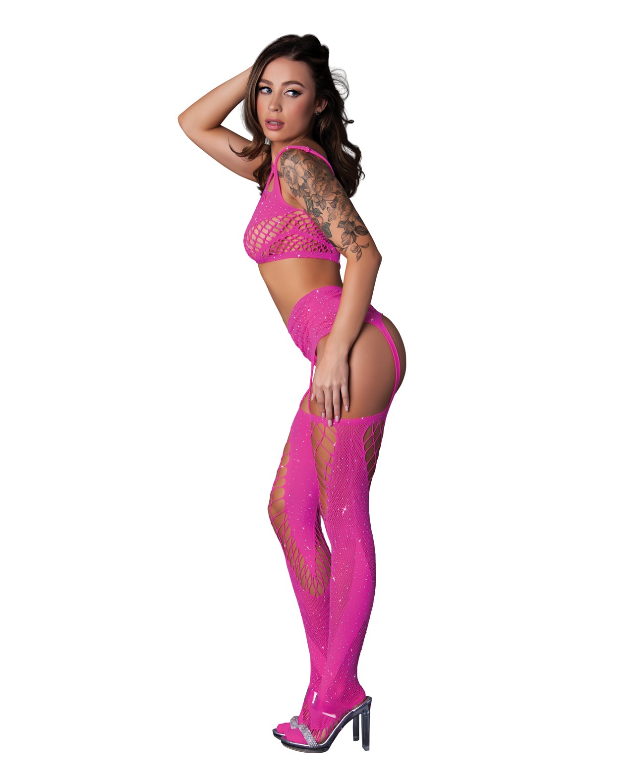 Seamless Blacklight Reflective Bralette w/G-String & Garter Stocking 3 pc Set - Pink O/S