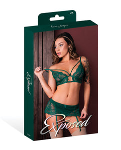 Evermore Bralette w/Skirt Garter & Thong 3 pc Set - Emerald L/XL