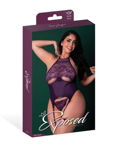 Leather & Lace Stretch Mesh and Lace Underboob Cutout Corset & Panty 2 pc Set - Plum 2X