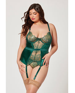 Holiday Eyelash Lace & Satin Bustier W/removable Garters & G-string Green