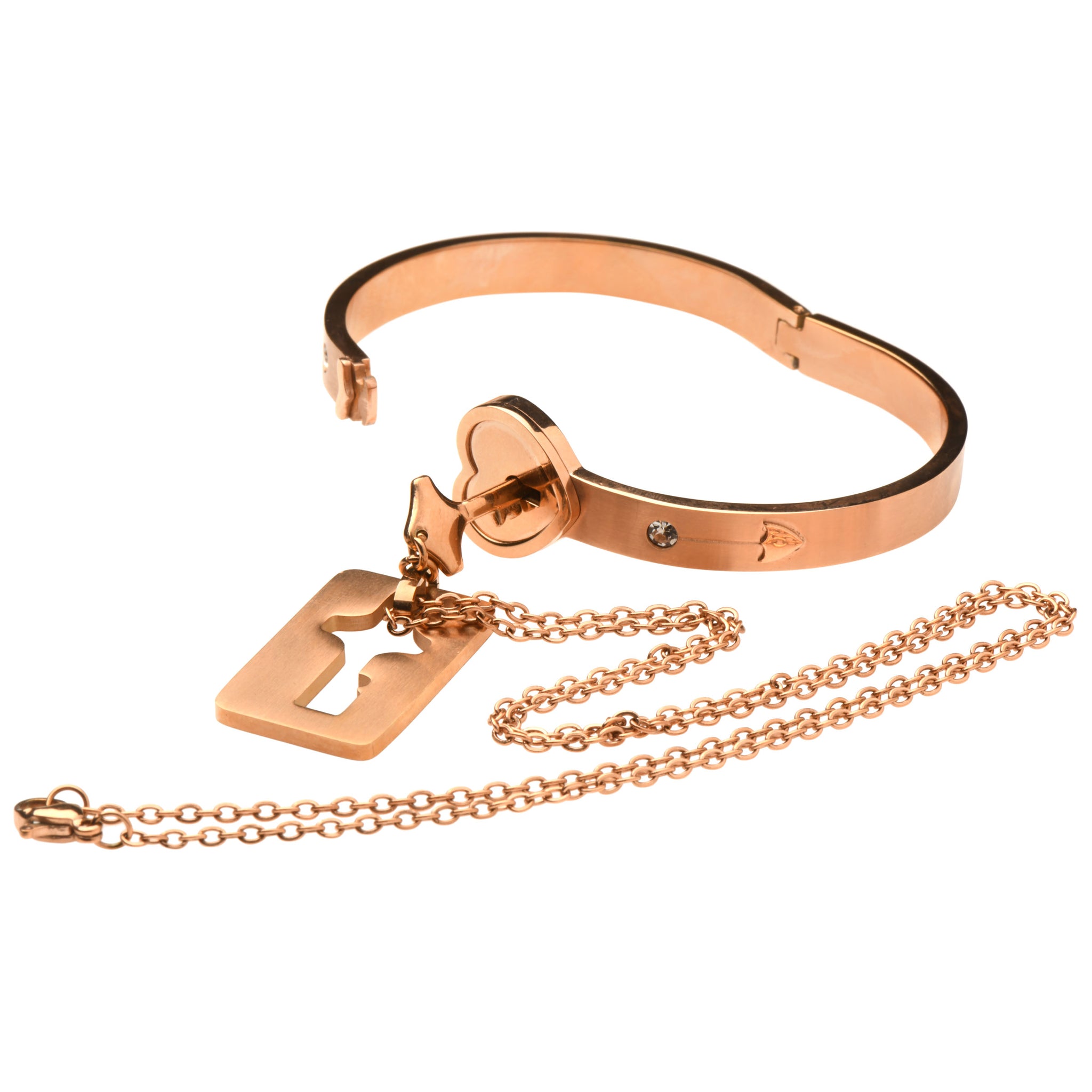 Cuffed Locking Bracelet And Key Necklace - Rose Gold