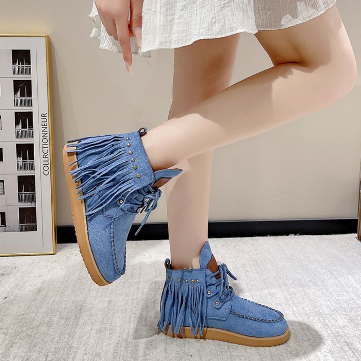 Fringe Studded Round Toe Canvas Boots