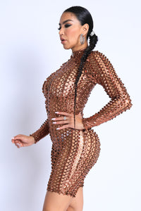 Sexy Club Outfit Romper Long Sleeve Cutting Mesh Bodysuit BRONZE