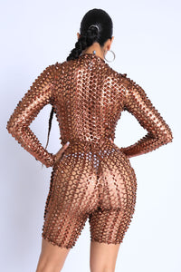 Sexy Club Outfit Romper Long Sleeve Cutting Mesh Bodysuit BRONZE