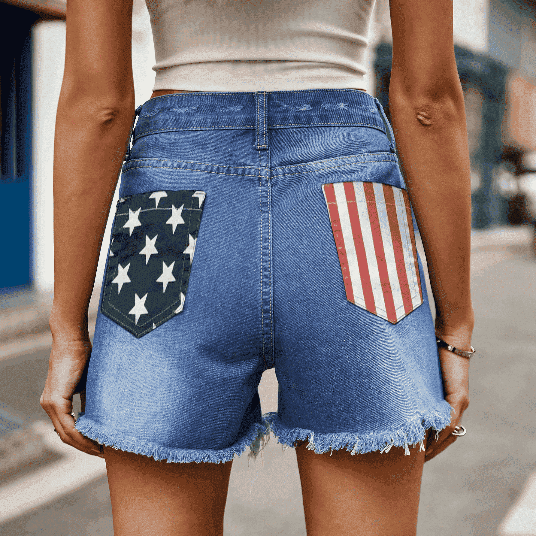 US Flag Distressed Denim Shorts