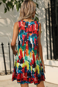 Printed Round Neck Sleeveless Dress with Pockets