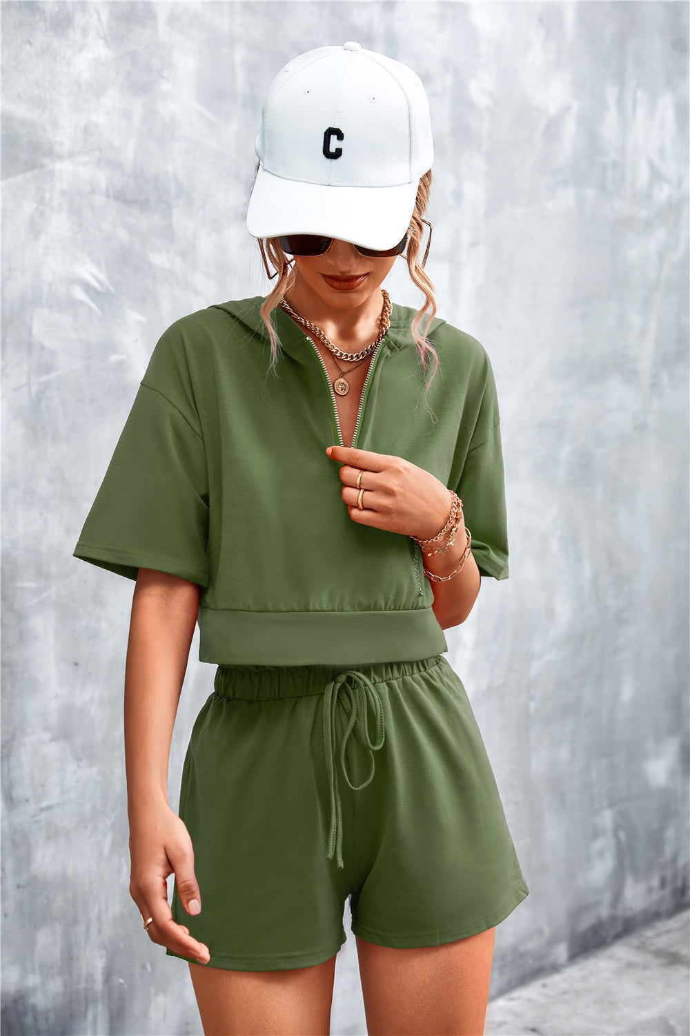 Half Zip Cropped Hooded T-Shirt and Shorts Set