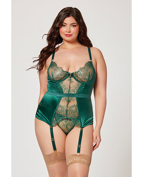 Holiday Eyelash Lace & Satin Bustier W/removable Garters & G-string Green