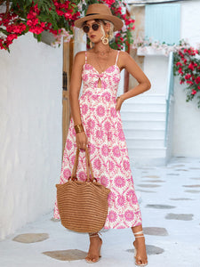 Printed Cutout Spaghetti Strap Midi Dress