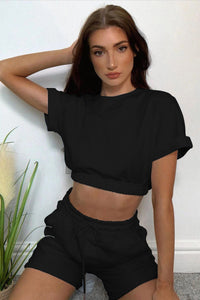 Short Sleeve Cropped Top and Drawstring Shorts Lounge Set